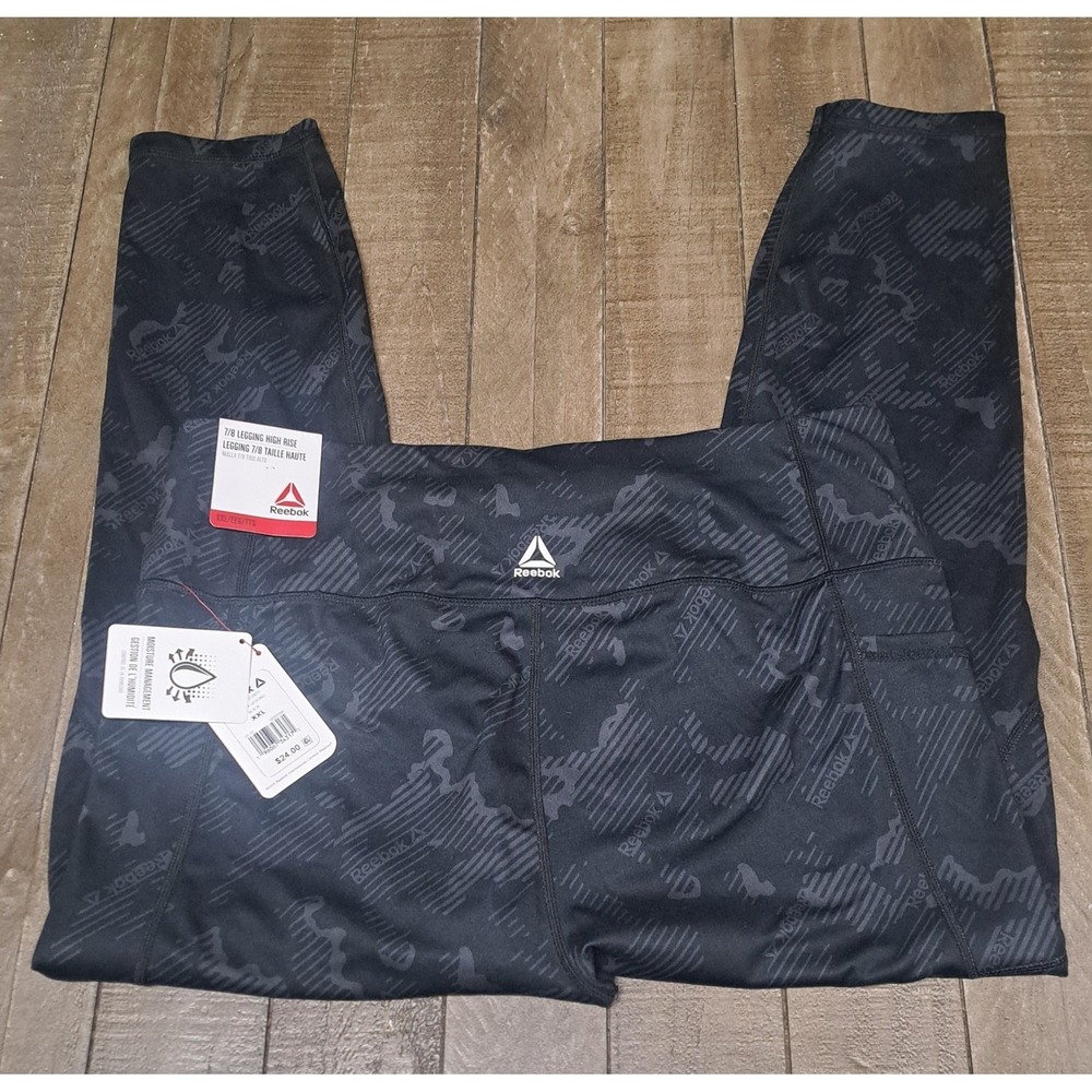Reebok Women's XXL Black Camo High Rise 7/8 Leggings Zipper Pocket NWT - Picture 2 of 6